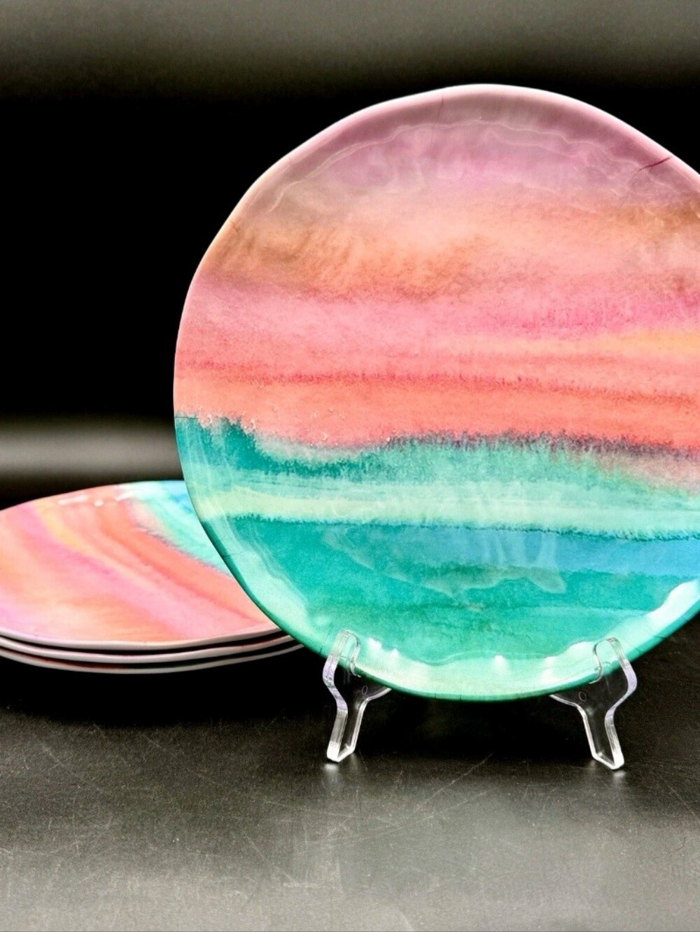 Beachy Rachel Roy Melamine Blue & Pink Abstract Plates w Matching Server Tray